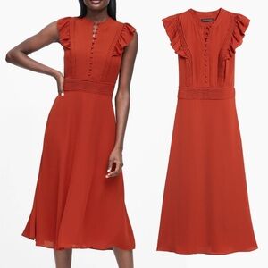 Banana Republic Red Terracotta Pleated Midi Dress Ruffle Wedding Bridesmaid 2T